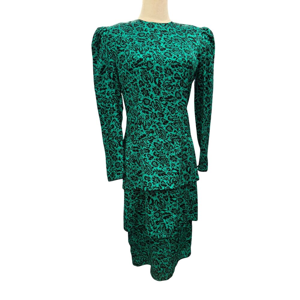 Vintage Valerie Stevens 100% Silk Dress Green Black Print Shoulder Pads Size 4